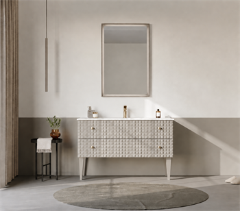 Orka Lipari Ayaklı Banyo Dolabı Takımı, 120 cm, Mat Vizon Lake (Altın Kulp-Ledli Ayna), 5007349