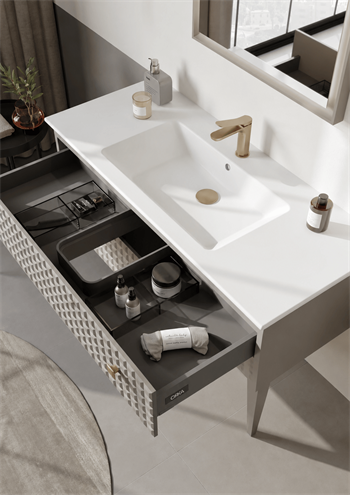 Orka Lipari 120 cm Mat Vizon Banyo Dolabı Alt Modül Ve Lavabo (Ayaklı-Altın Kulp), 5007337