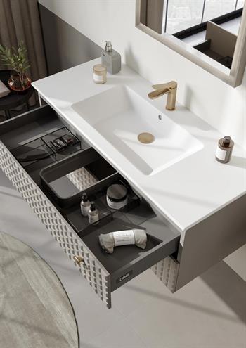 Orka Lipari 120 cm Mat Vizon Banyo Dolabı Alt Modül Ve Lavabo (Asma-Altın Kulp), 5007302