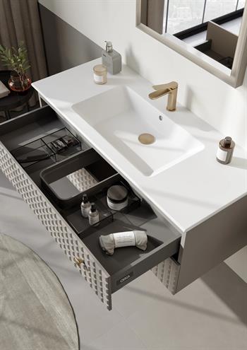 Orka Lipari Asma Banyo Dolabı Takımı, 120 cm, Mat Vizon Lake (Altın Kulp-Ledli Ayna), 5007309
