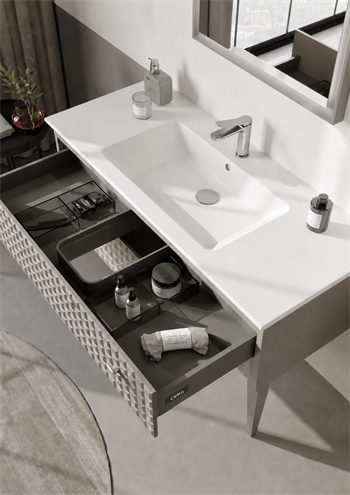 Orka Lipari Ayaklı Banyo Dolabı Takımı, 120 cm, Mat Vizon Lake (Krom Kulp-Ledli Ayna), 5007352