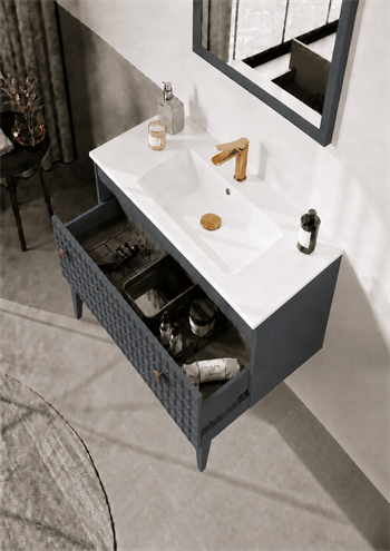 Orka Lipari 80 cm Mat Antrasit Banyo Dolabı Alt Modül Ve Lavabo (Ayaklı-Altın Kulp), 5008989