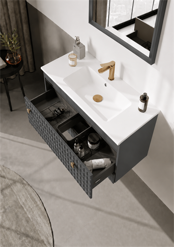 Orka Lipari 80 cm Mat Antrasit Banyo Dolabı Alt Modül Ve Lavabo (Asma-Altın Kulp), 5008977