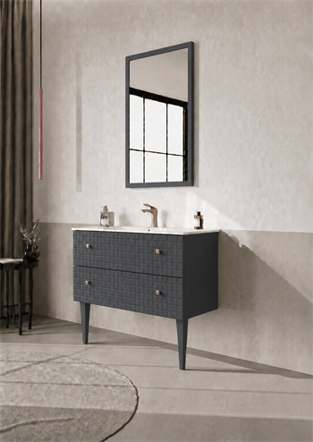 Orka Lipari Ayaklı Banyo Dolabı Takımı, 80 cm, Mat Antrasit Lake (Altın Kulp-Ledli Ayna), 5008995