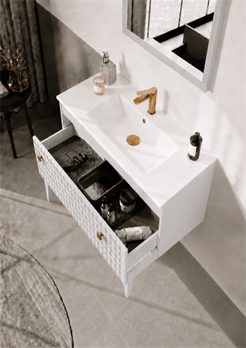 Orka Lipari Ayaklı Banyo Dolabı Takımı, 80 cm, Mat Beyaz Lake (Altın Kulp-Ledli Ayna), 5008987