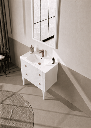 Orka Lipari 80 cm Mat Beyaz Banyo Dolabı Alt Modül Ve Lavabo (Ayaklı-Altın Kulp), 5008993