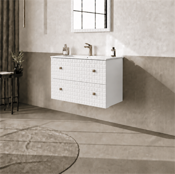 Orka Lipari 80 cm Mat Beyaz Banyo Dolabı Alt Modül Ve Lavabo (Asma-Altın Kulp), 5008975