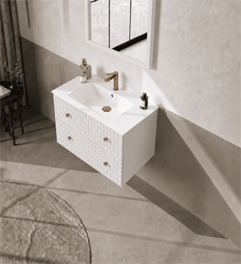 Orka Lipari 80 cm Mat Beyaz Banyo Dolabı Alt Modül Ve Lavabo (Asma-Altın Kulp), 5008975