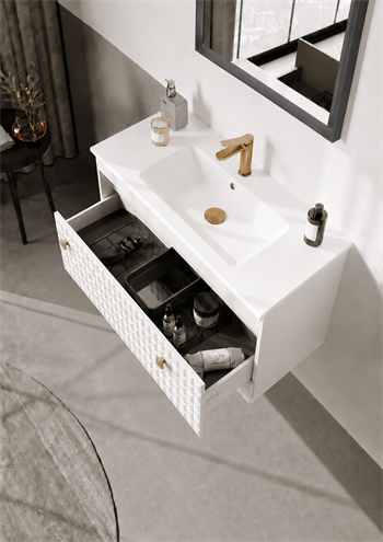 Orka Lipari Asma Banyo Dolabı Takımı, 80 cm, Mat Beyaz Lake (Altın Kulp-Ledli Ayna), 5008978
