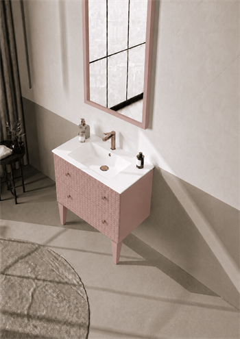 Orka Lipari Ayaklı Banyo Dolabı Takımı, 80 cm, Mat Pudra Lake (Altın Kulp-Ledli Ayna), 5009003