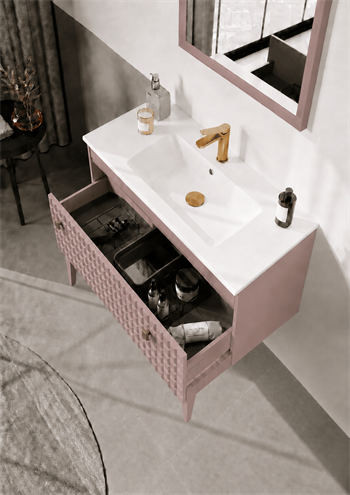 Orka Lipari Ayaklı Banyo Dolabı Takımı, 80 cm, Mat Pudra Lake (Altın Kulp-Ledli Ayna), 5009003