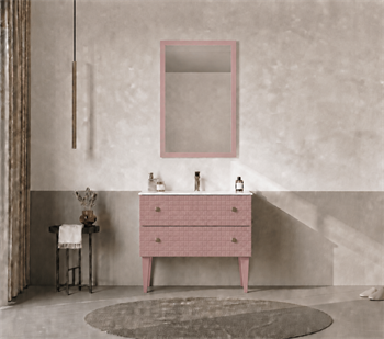 Orka Lipari Ayaklı Banyo Dolabı Takımı, 80 cm, Mat Pudra Lake (Altın Kulp-Ledli Ayna), 5009003