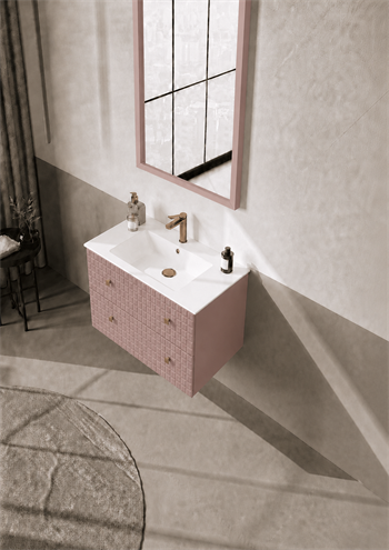 Orka Lipari Asma Banyo Dolabı Takımı, 80 cm, Mat Pudra Lake (Altın Kulp-Ledli Ayna), 5009005