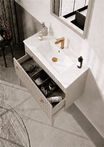 Orka Lipari Ayaklı Banyo Dolabı Takımı, 80 cm, Mat Vizon Lake (Altın Kulp-Ledli Ayna), 5008994