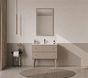 Orka Lipari Ayaklı Banyo Dolabı Takımı, 80 cm, Mat Vizon Lake (Altın Kulp-Ledli Ayna), 5008994