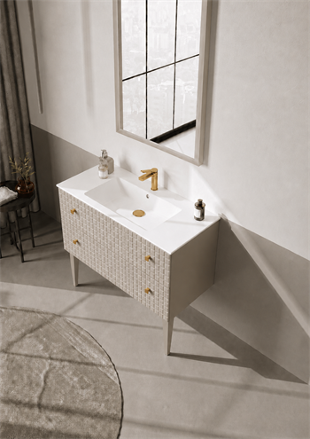 Orka Lipari Ayaklı Banyo Dolabı Takımı, 100 cm, Mat Vizon Lake (Altın Kulp-Ledli Ayna), 5007343