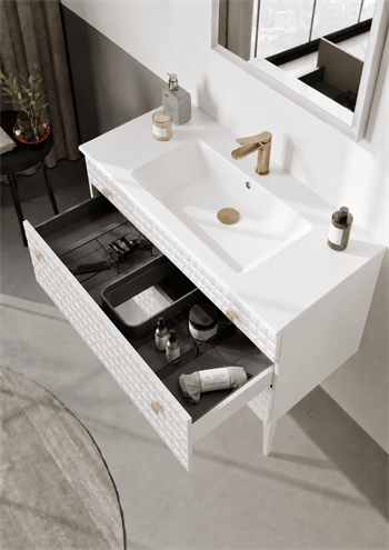 Orka Lipari Ayaklı Banyo Dolabı Takımı, 100 cm, Mat Beyaz Lake (Altın Kulp-Ledli Ayna), 5007342