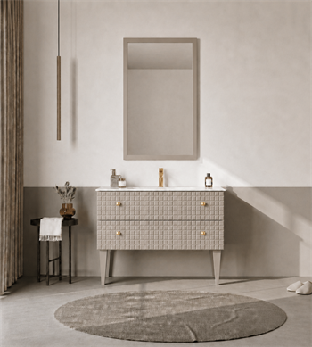 Orka Lipari Ayaklı Banyo Dolabı Takımı, 100 cm, Mat Vizon Lake (Altın Kulp-Ledli Ayna), 5007343
