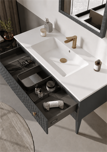 Orka Lipari Ayaklı Banyo Dolabı Takımı, 120 cm, Mat Antrasit Lake (Altın Kulp-Ledli Ayna), 5007350