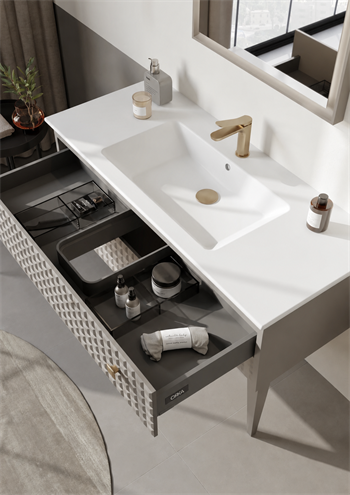 Orka Lipari Ayaklı Banyo Dolabı Takımı, 120 cm, Mat Vizon Lake (Altın Kulp-Ledli Ayna), 5007349