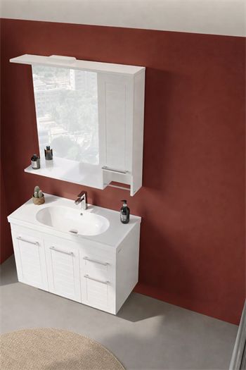 Orka Perge Banyo Dolabı Takımı, 85 cm, Beyaz (Led Spotlu, Dolaplı Ayna), 5000623