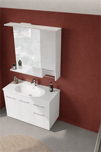 Orka Perge Banyo Dolabı Takımı, 100 cm, Beyaz (Led Spotlu, Dolaplı Ayna), 5000627