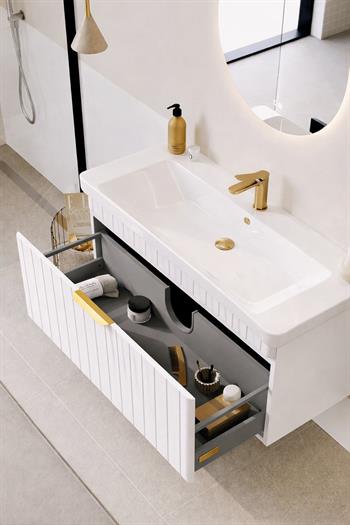 Orka Procıda 105 cm Mat Beyaz / Altın Kulplu ,Banyo Dolabı Alt Modül ve Lavabo, 5007217