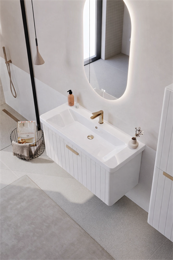 Orka Procıda Banyo Dolabı Takımı, 105 cm, Mat Beyaz (Ledli Ayna-Altın Kulp), 5007241