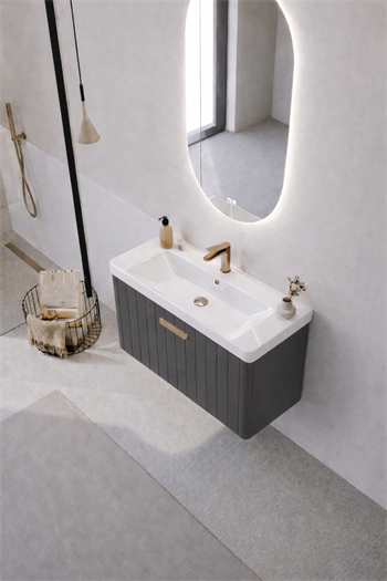 Orka Procıda Banyo Dolabı Takımı, 80 cm, Mat Antrasit (Ledli Ayna-Altın Kulp), 5007234