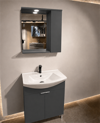 Orka Purus 65 cm ,Mat Antrasit, Banyo Dolabı Takımı (Ayaklı,Spotlu Ayna), 5008439