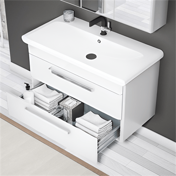 Orka Rose 95 cm Parlak Beyaz Banyo Dolabı Alt Modül ve Lavabo