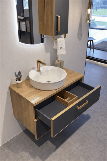 Orka Salerno 76 cm Legnano-Mat Antrasit Banyo Dolabı Alt Modül ve Lavabo Krom/Altın Kulp, 5004715