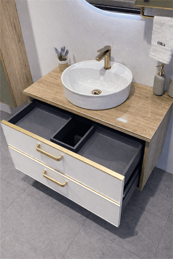 Orka Salerno 76 cm Legnano-Mat Beyaz Banyo Dolabı Alt Modül ve Lavabo Krom/Altın Kulp, 5004700