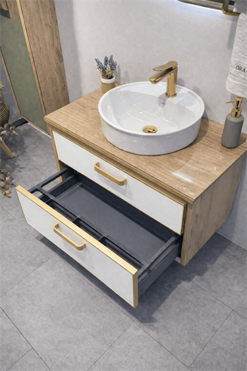 Orka Salerno 76 cm Legnano-Mat Beyaz Banyo Dolabı Alt Modül ve Lavabo Krom/Altın Kulp, 5004700