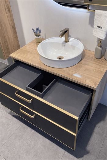 Orka Salerno 96 cm Legnano-Mat Antrasit Banyo Dolabı Alt Modül ve Lavabo,Krom/Altın Kulp, 5004711