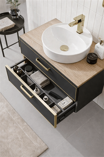 Orka Salerno Banyo Dolabı Takımı, 76 cm, Legnano-Mat Antrasit (Ledli Ayna-Üst Dolap), Krom/Altın Kulp, 5004716