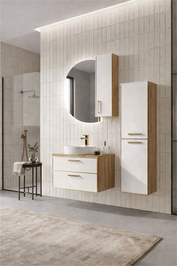 Orka Salerno Banyo Dolabı Takımı, 76 cm, Legnano-Mat Beyaz (Ledli Ayna-Üst Dolap), Krom/Altın Kulp, 5004701