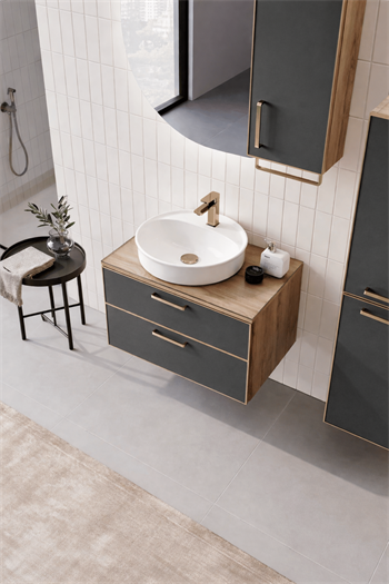 Orka Salerno Banyo Dolabı Takımı, 76 cm, Legnano-Mat Antrasit (Ledli Ayna-Üst Dolap), Krom/Altın Kulp, 5004716