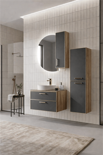 Orka Salerno Banyo Dolabı Takımı, 76 cm, Legnano-Mat Antrasit (Ledli Ayna-Üst Dolap), Krom/Altın Kulp, 5004716