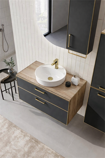 Orka Salerno Banyo Dolabı Takımı, 96 cm, Legnano-Mat Antrasit (Ledli Ayna-Üst Dolap), Krom/Altın Kulp, 5004712