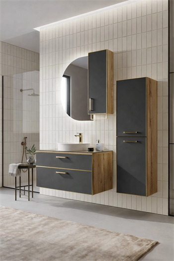 Orka Salerno Banyo Dolabı Takımı, 96 cm, Legnano-Mat Antrasit (Ledli Ayna-Üst Dolap), Krom/Altın Kulp, 5004712
