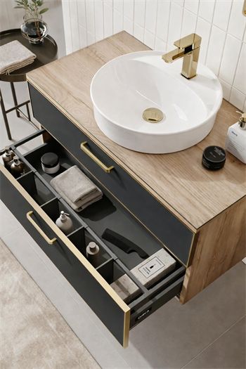 Orka Salerno Banyo Dolabı Takımı, 96 cm, Legnano-Mat Antrasit (Ledli Ayna-Üst Dolap), Krom/Altın Kulp, 5004712