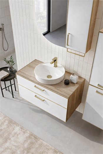 Orka Salerno Banyo Dolabı Takımı, 96 cm, Legnano-Mat Beyaz (Ledli Ayna-Üst Dolap), Krom/Altın Kulp, 5004689
