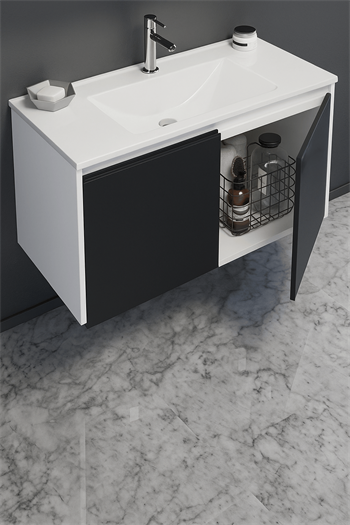 Orka Terme 100 cm Parlak Siyah Banyo Dolabı Alt Modül ve Lavabo