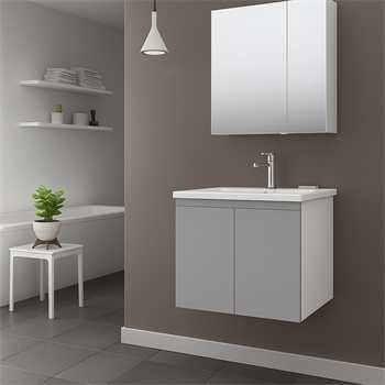 Orka Terme 60 cm Parlak Gri Kapaklı Banyo Dolabı Takımı (Dolaplı Ayna)