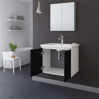 Orka Terme 60 cm Parlak Siyah Kapaklı Banyo Dolabı Takımı (Dolaplı Ayna)