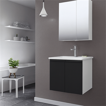 Orka Terme 60 cm Parlak Siyah Kapaklı Banyo Dolabı Takımı (Dolaplı Ayna)