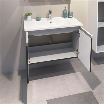 Orka Terme 80 cm Parlak Siyah Banyo Dolabı Alt Modül ve Lavabo