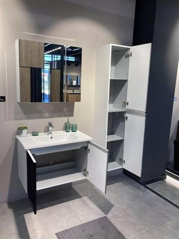 Orka Terme 80 cm Parlak Siyah Kapaklı Banyo Dolabı Takımı (Dolaplı Ayna)