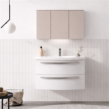 Orka Urla Banyo Dolabı Takımı, 90 cm, Parlak Lake Beyaz (Ledli-Dolaplı Ayna), 5000813
